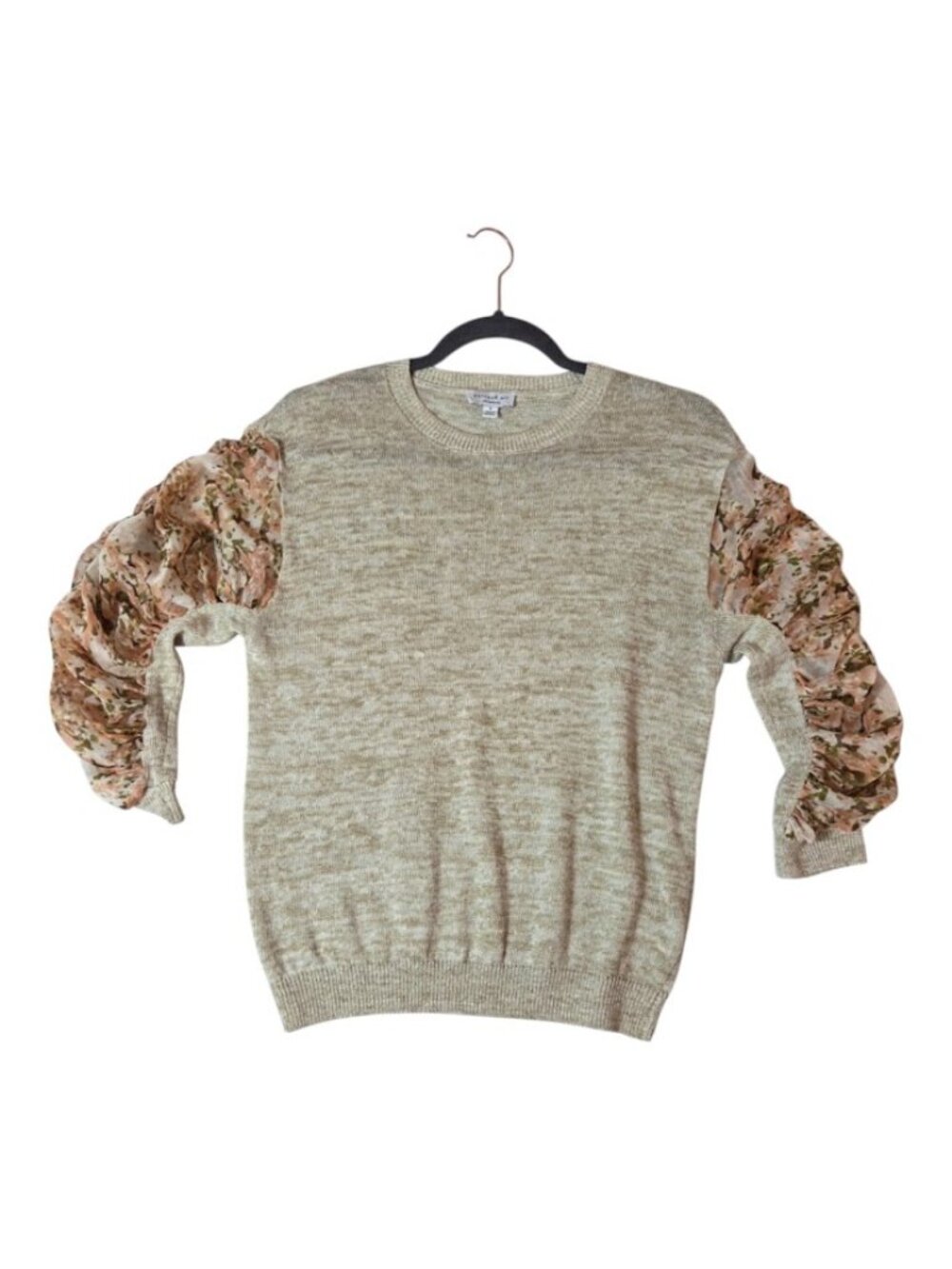 Current Air Los Angeles Sweater Linen Blend Sheer Floral Puff Sleeves Women's S